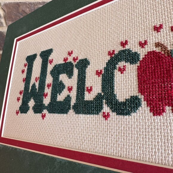 Completed Cross Stitch Welcome With Apple Double Matted No Frame READ - Picture 6 of 14